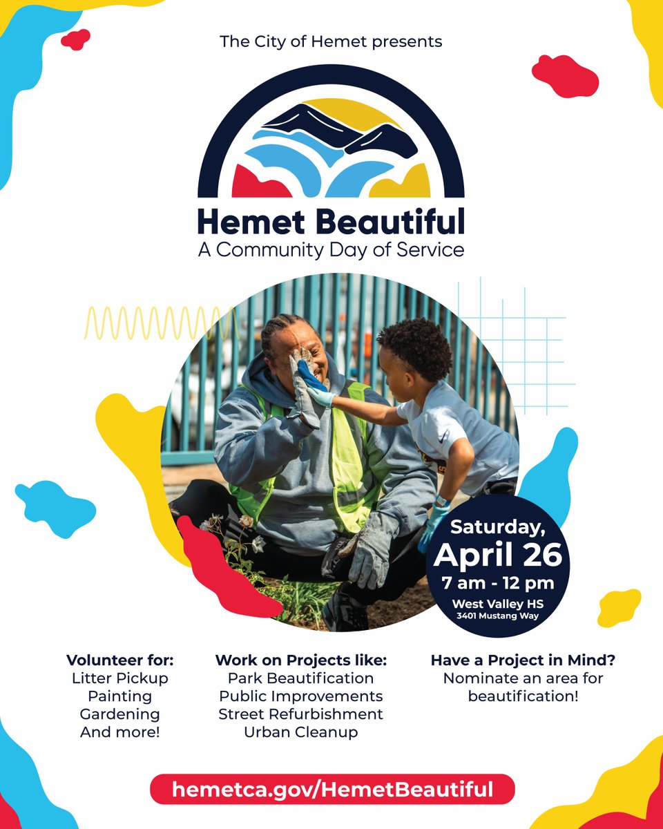 On Saturday, April 26th, the City of Hemet will host Hemet Beautiful - an annual city-wide cleanup event, reinforcing its commitment to maintaining a clean and vibrant community! To register as a volunteer or to sponsor the event, visit their website at bit.ly/3DIU1g9