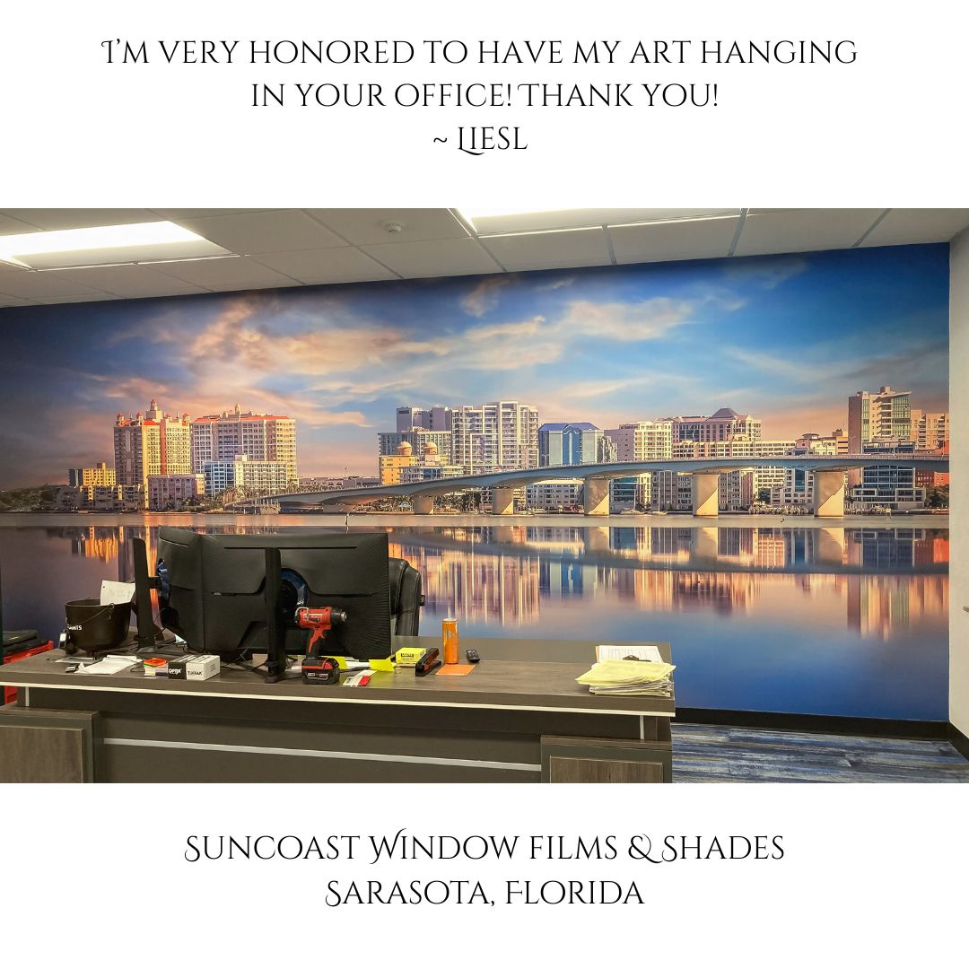LieslWalsh's tweet photo. Very excited my #sarasotaflorida #skyline photo was printed on a 17 foot #mural at Suncoast Window Films &amp; Shades in #sarasota! I signed it. Contact me to #licenseimages for your #business. 
https://t.co/2G604SP2W7
#officeart #officedecor #sarasotafl #srq https://t.co/EIy9iYXDA8
