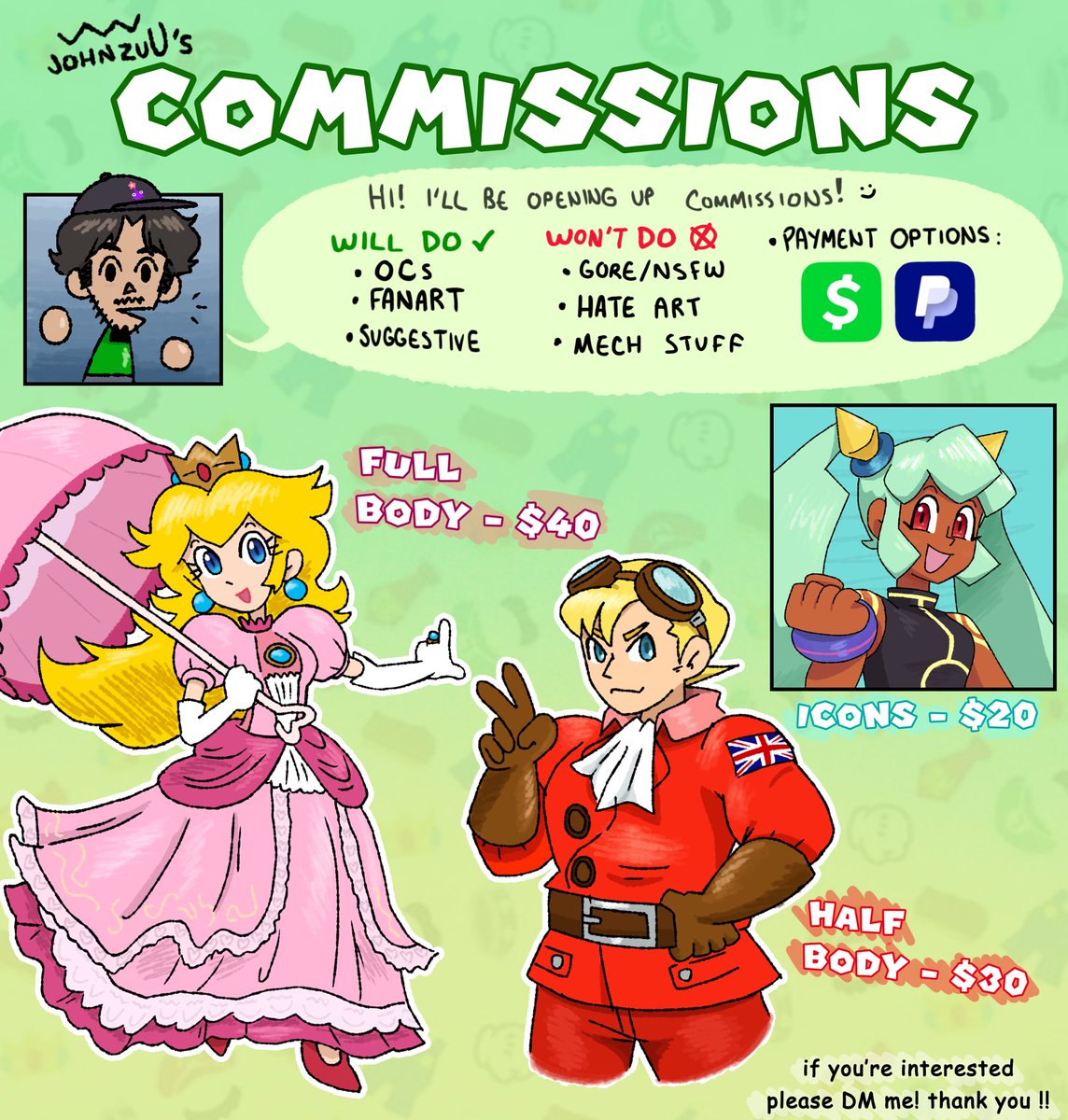 johnzu_'s tweet image. introducing the new + improved commission sheet !! if you’re interested in receiving a silly drawing from yours truly then please send me a DM! thank you guys :)🫶
