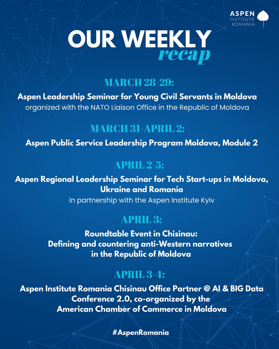 In just one week, Aspen Institute Romania led 5 major events in Moldova, from public leadership seminars to tech &amp; policy roundtables. Huge thanks to our partners, participants &amp; team for making this intense journey possible! 🇲🇩