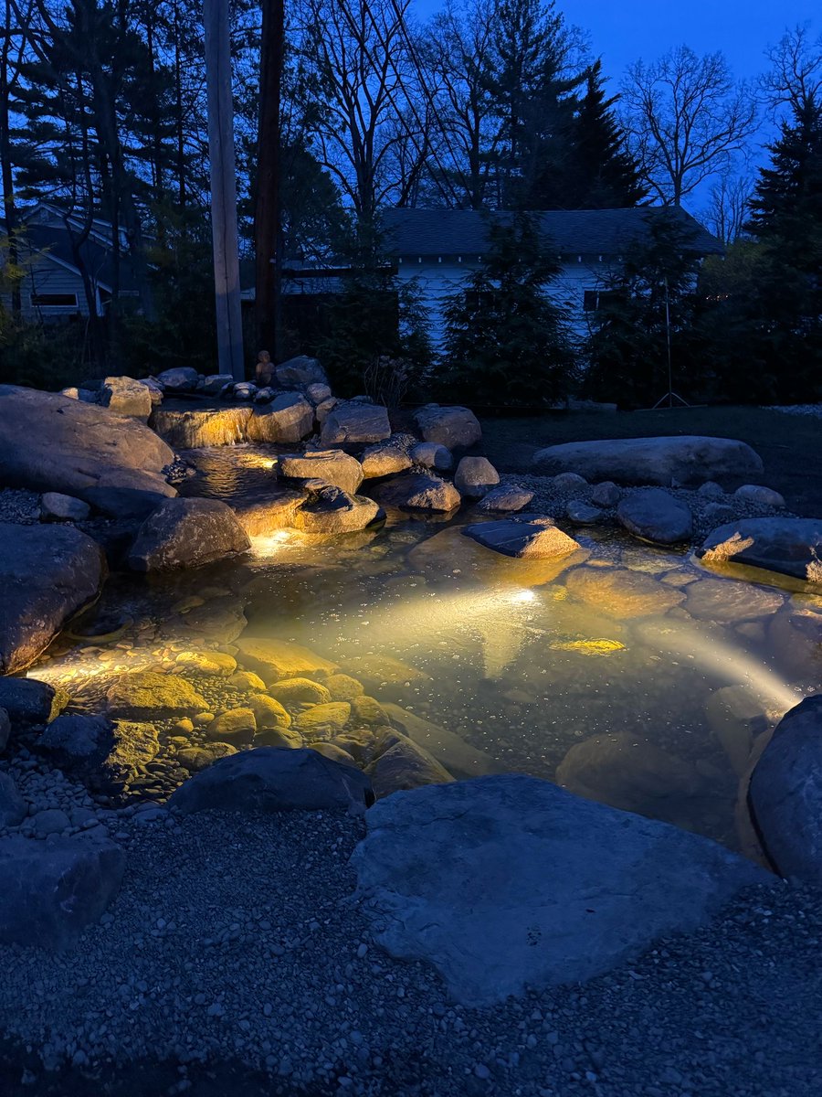 GardenStateKoi's tweet image. Enjoy your water feature day and night ✨ Pick up a lighting kit from Garden State Koi and let your pond shine after dark. #PondLighting #BackyardVibes #KoiPond