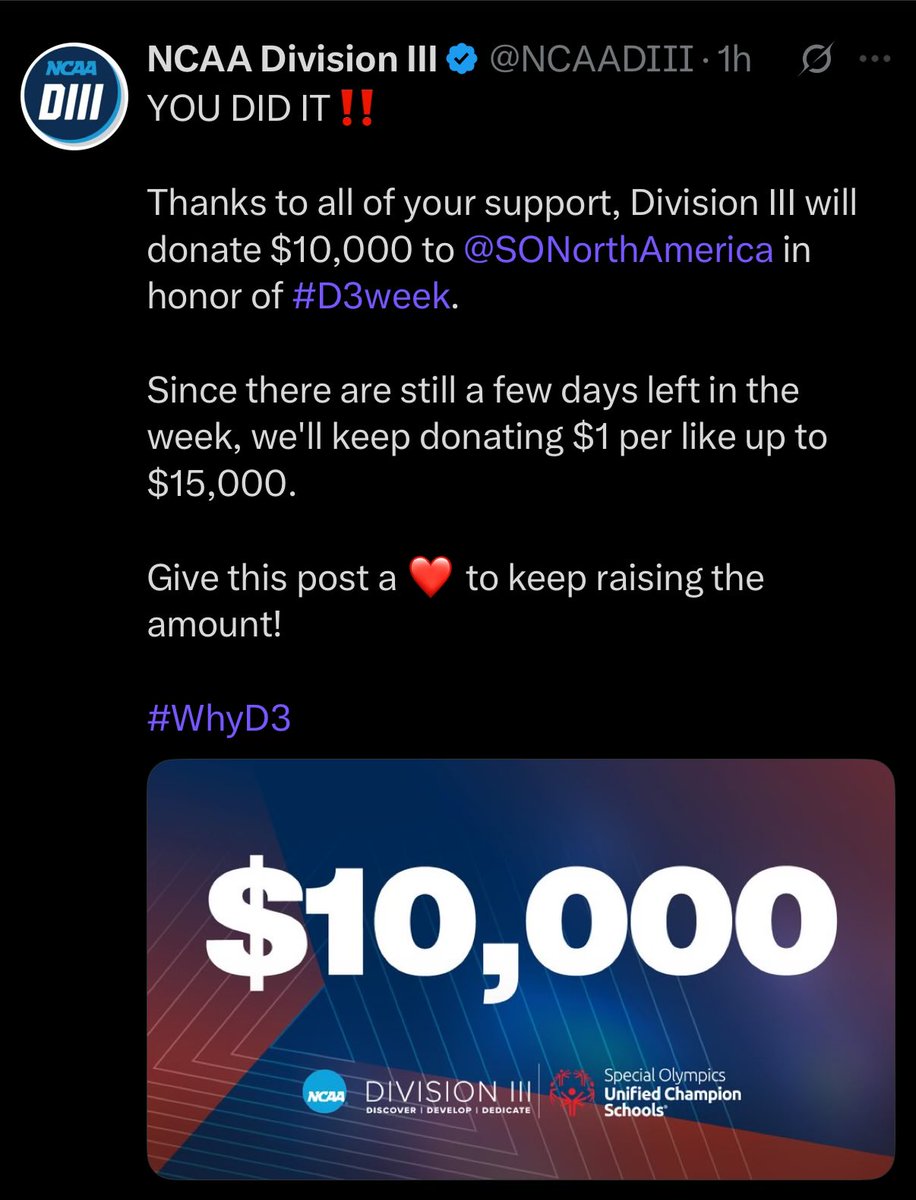 D3Direct (@d3direct) on Twitter photo Hey <a href="/NCAADIII/">NCAA Division III</a> 👋
We saw your <a href="/SpecialOlympics/">Special Olympics</a> campaign and wanted to get involved
In honor of #D3week, we'll donate $1 (up to $5k) to Special Olympics for every RT this post gets by the end of the weekend (4/11 - 4/13)
#WhyD3 Hey <a href="/NCAADIII/">NCAA Division III</a> 👋
We saw your <a href="/SpecialOlympics/">Special Olympics</a> campaign and wanted to get involved
In honor of #D3week, we'll donate $1 (up to $5k) to Special Olympics for every RT this post gets by the end of the weekend (4/11 - 4/13)
#WhyD3