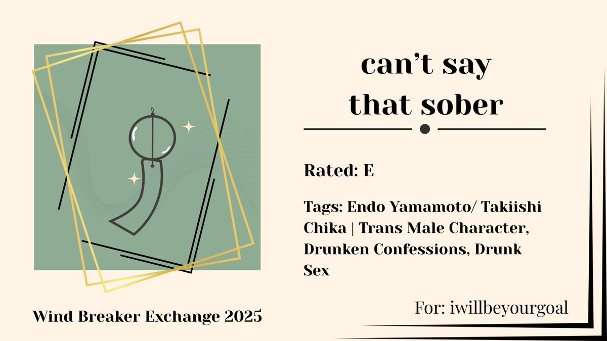 winbrexchange's tweet photo. Happy Exchange, iwillbeyourgoal!
can't say that sober
🎐Rated E
🎐Endo Yamamoto/ Takiishi Chika
🎐Trans Male Character, Drunken Confessions, Drunk Sex
🎐https://t.co/UePjI1Bwu6 https://t.co/8MVUz8sRzy