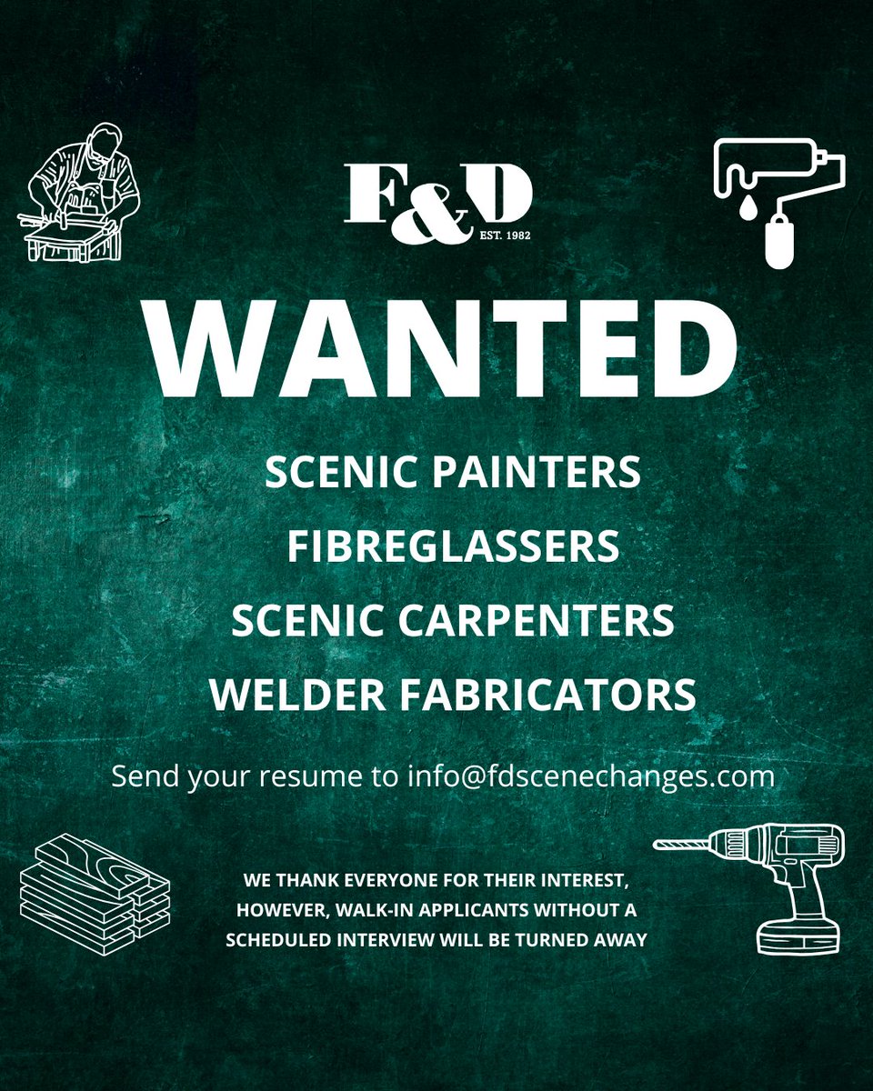 F&D Scene Changes (@fdscenechanges) on Twitter photo Think you're a good fit? We'd love to chat! Please send your resume to info@fdscenechanges.com
Preference will be given to IATSE 212 members. Think you're a good fit? We'd love to chat! Please send your resume to info@fdscenechanges.com
Preference will be given to IATSE 212 members.