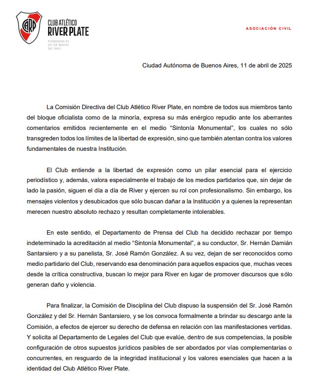 🚨RIVER | Comunicado oficial de club. Nada más que decir.
