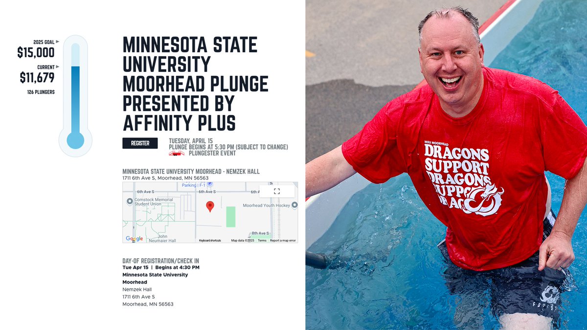 🥶MSUM POLAR PLUNGE IS TUESDAY🥶  
We've reached $11,679 of our $15,000 goal with 126 plungers...there's still time to register at msumdragons.com/plunge