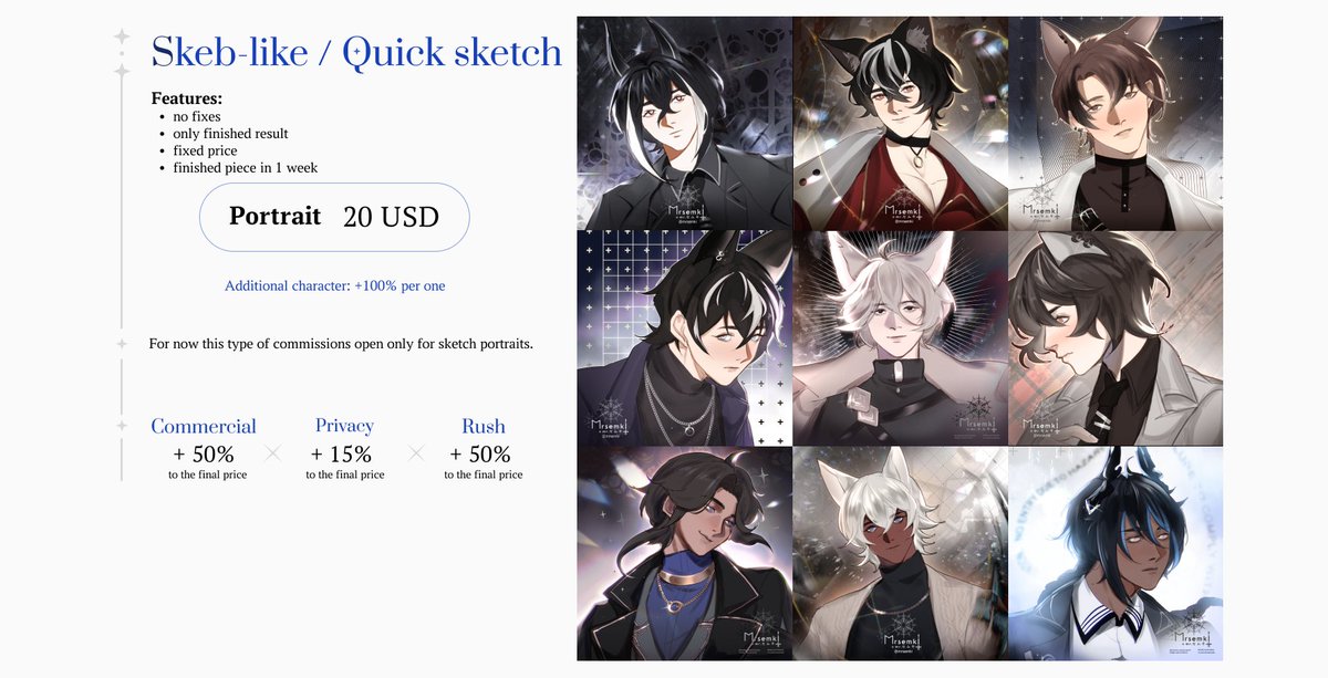 mrsemki's tweet photo. Quick sketch // skeb-like portraits
OPEN โง unlimited slots
20 USD per portrait
โฆ additional info on picture
โฆ form to fillโฌ๏ธ
#ArtistOnTwitter #digitalart #sketch #fullcolor #fullcolour #drawing #comm #commission #commissionsopen #commsopen https://t.co/ypSJ7uMJ0W
