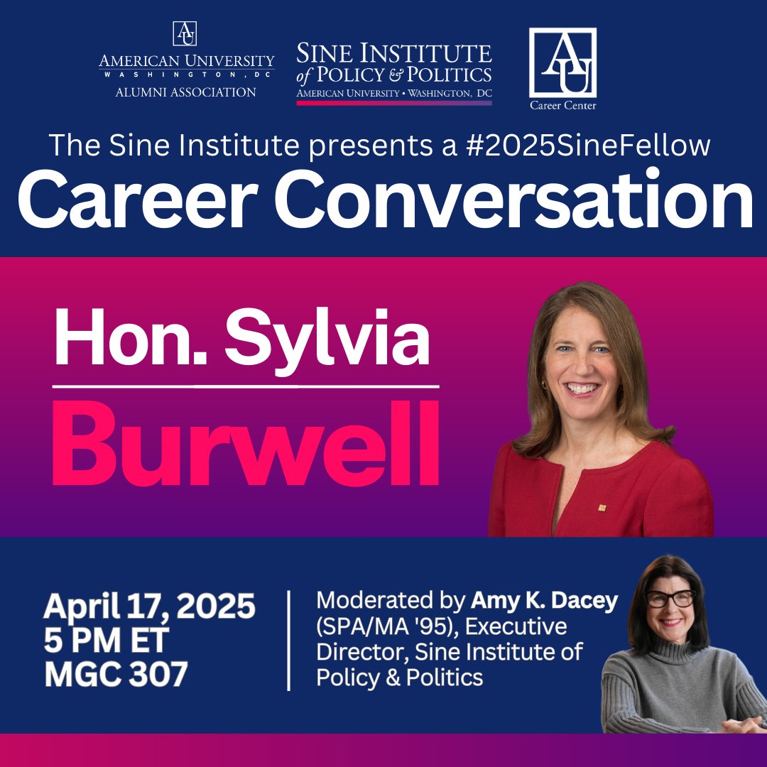 Next Thursday, 5 PM in MGC 307! Come talk careers with a distinguished leader in politics, philanthropy, education, health policy and more at Hon. Sylvia Burwell's #SineCareerConversation! Register: american-spa.swoogo.com/SylviaBurwell