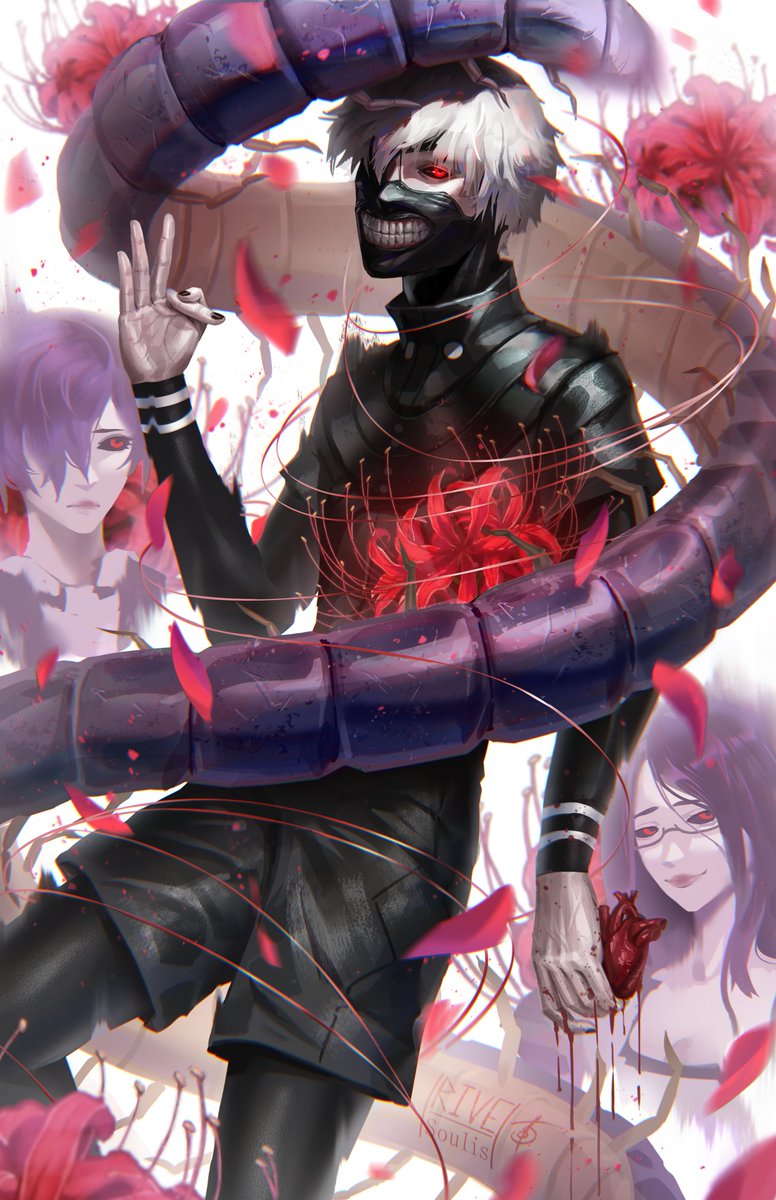 "The Beauty in Suffering" Here's my Tokyo Ghoul fanart featuring Kaneki, Rize, and Touka!