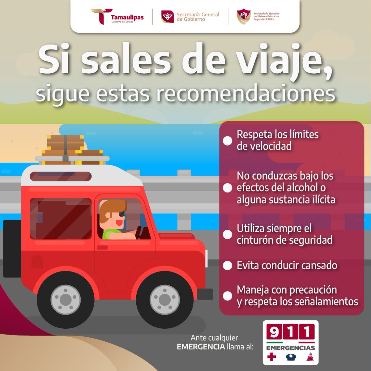 Prepara tu maleta y también tu seguridad.

En caso de emergencia, llama al 9-1-1.📞
¡Juntos podemos evitar accidentes! 🚨