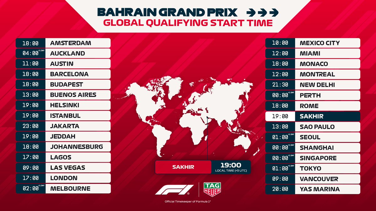 F1's tweet photo. Don't miss the battle for pole in Bahrain ⚔️

Check out when qualifying starts where you are ⏰

#F1 #BahrainGP @TAGHeuer https://t.co/n46jiQmgjr