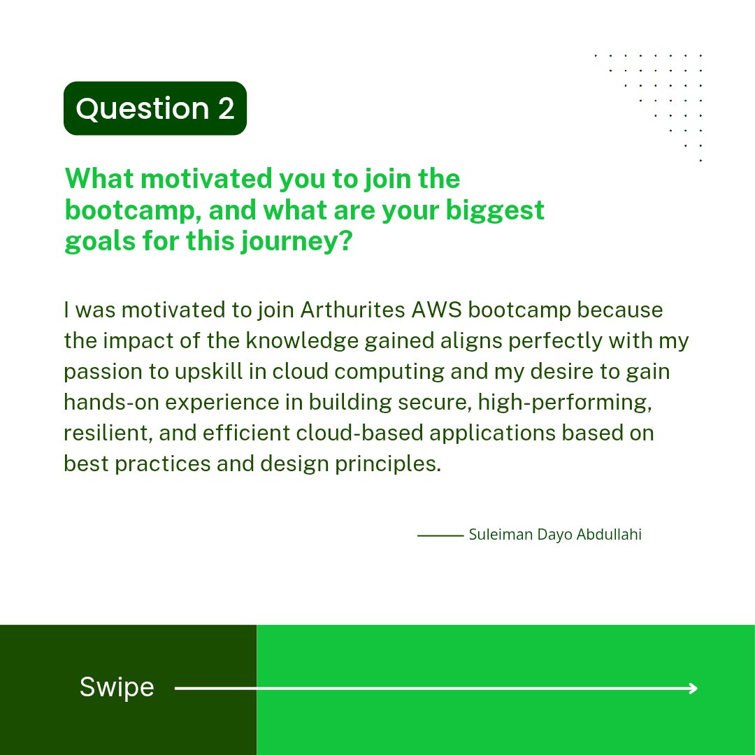 Arthurite_IX's tweet photo. Meet Suleiman Dayo Abdullahi. He joined the Arthurite Cloud Academy to upskill, gain hands-on experience in building efficient cloud based applications. https://t.co/aOt1awSc4x