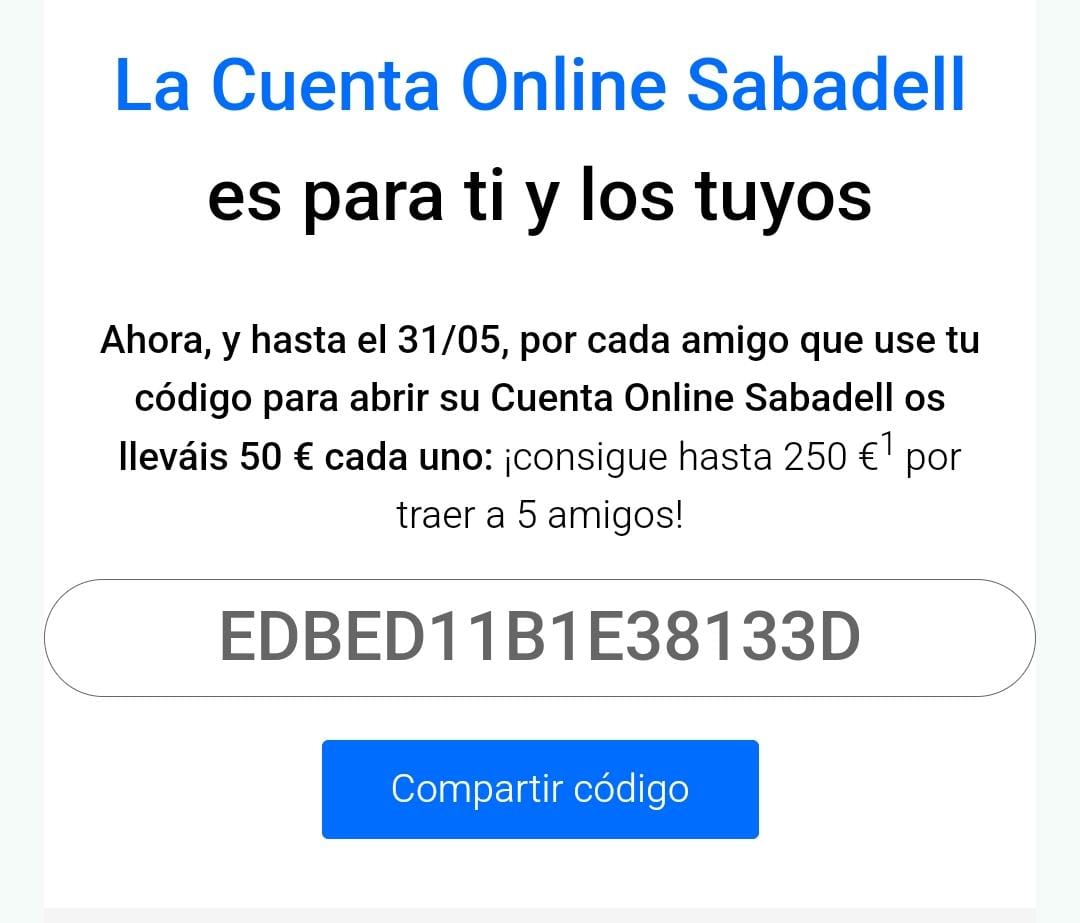 AlbaBelmonte's tweet photo. ¿Quieres 50€?
Abre tu cuenta online Sabadell sin comisiones con mi código de invitación y los dos ganamos, solo es válido para 5 usos: 

EDBED11B1E38133D https://t.co/oy6k2u4ivb