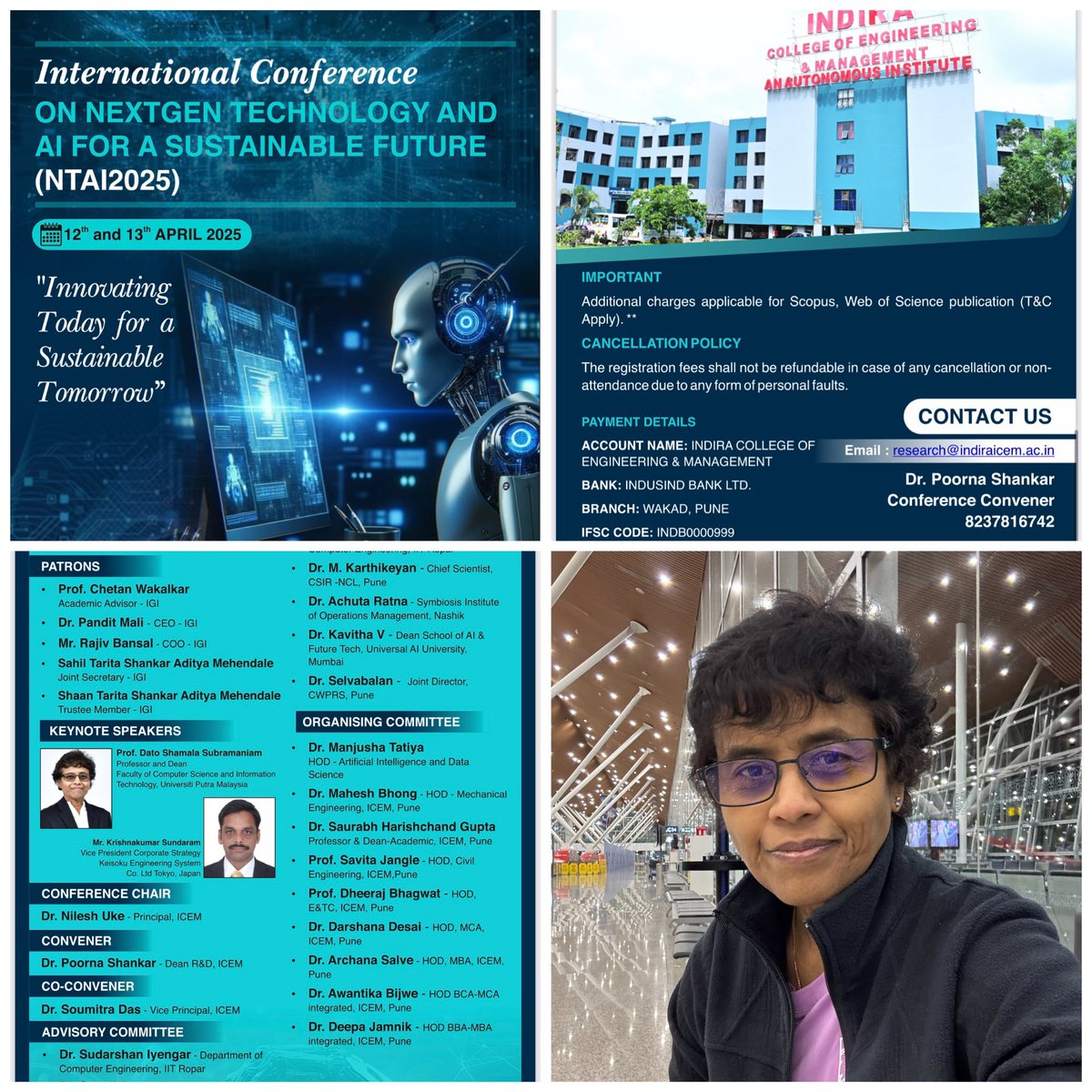 drshamala's tweet photo. Heading to Pune, India for the International Conference on NextGen Technology and AI for a Sustainable Future.  
Excited and honoured to be one of the keynote speakers at the Conference organized by the prestigious Indira College of Engineering &amp; Management! https://t.co/8YlxWsqDsq