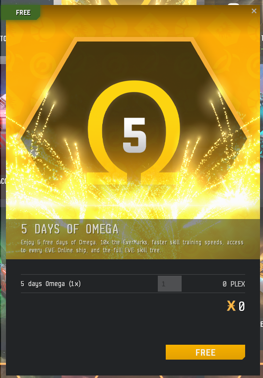 Free Omega!!

The Nexus Reckoning event is coming on 15 April, and from now until 14 April you can log in and claim 5 days of free Omega to make the most of your impact in the final stand against the Drifters!