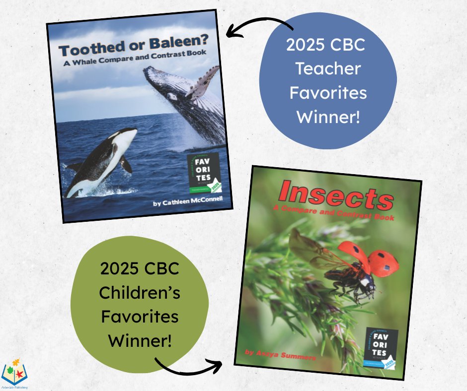 ArbordaleKids (@arbordalekids) on Twitter photo We’re excited to share that TWO of our titles have made the 2025 CBC Favorites Award list!
🐳Toothed or Baleen? A Whale Compare and Contrast Book is a 2025 CBC Teacher Favorites Winner!
🐞Insects: A Compare and Contrast Book is a 2025 CBC Children’s Favorites Winner!
<a href="/CBCBook/">Children's Book Council</a> We’re excited to share that TWO of our titles have made the 2025 CBC Favorites Award list!
🐳Toothed or Baleen? A Whale Compare and Contrast Book is a 2025 CBC Teacher Favorites Winner!
🐞Insects: A Compare and Contrast Book is a 2025 CBC Children’s Favorites Winner!
<a href="/CBCBook/">Children's Book Council</a>