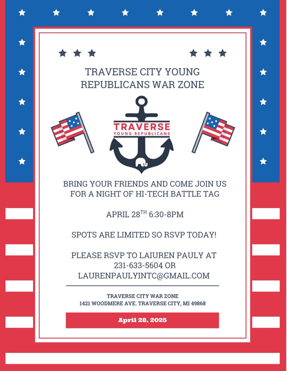 Michigan_YRs's tweet photo. Join the Traverse City YRs for a night of hi-tech battle tag on April 28, 6:30–8PM at Traverse City War Zone! Spots are limited—RSVP to Lauren (contact info in graphic). Let’s light up the arena! #MichiganYRs #TraverseCityYRs https://t.co/nFinY9twpo