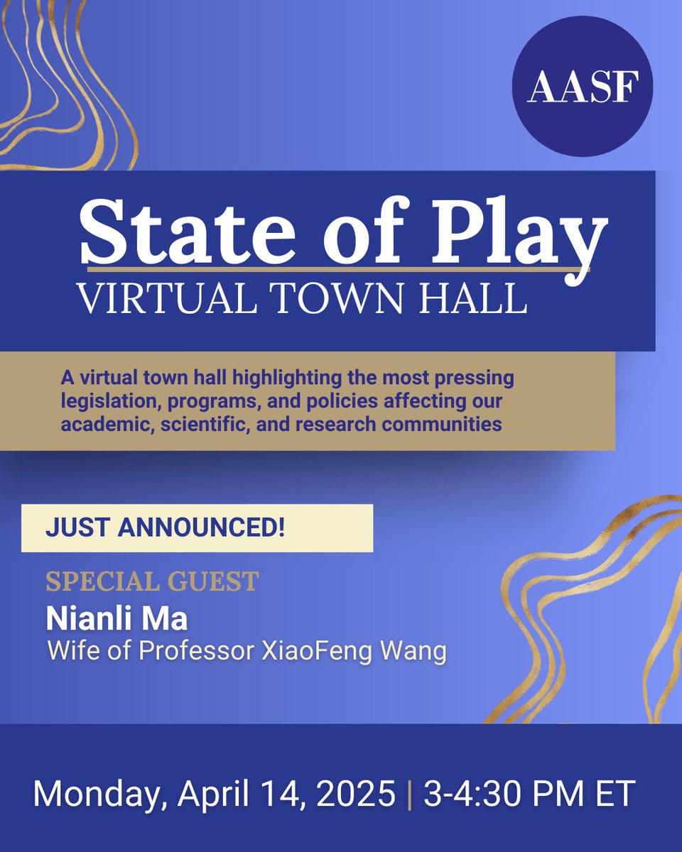 AASForumOrg's tweet photo. BREAKING: Nianli Ma, wife of Prof. XiaoFeng Wang, will speak at our 4/14 Town Hall. Please sign on to our letter expressing concerns abt Wang's termination &amp; adherence to IU's due process policies, as well as broader implications for research community. https://t.co/H0RtM3agB5 https://t.co/1QgpI01zD8