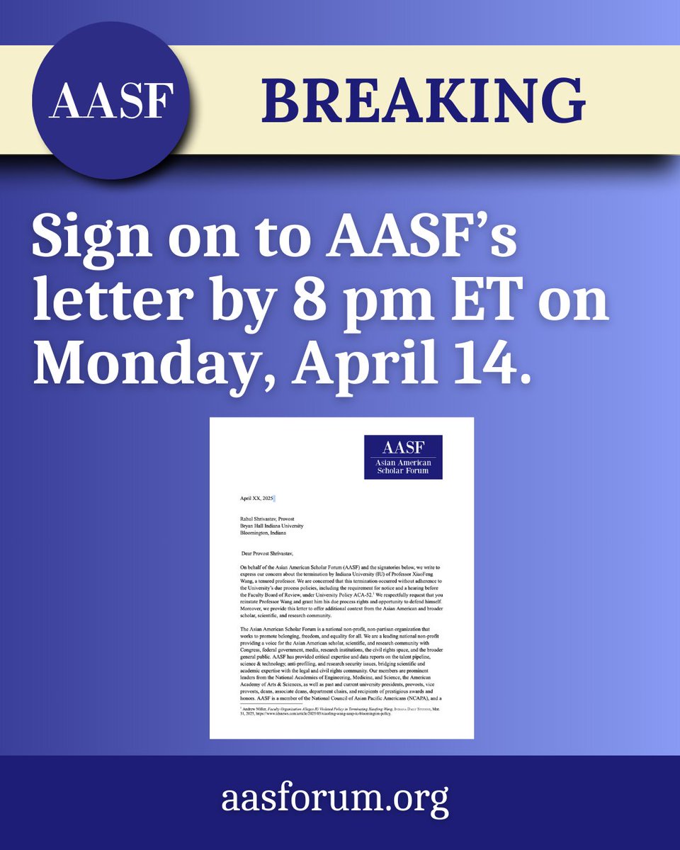 BREAKING: Nianli Ma, wife of Prof. XiaoFeng Wang, will speak at our 4/14 Town Hall. Please sign on to our letter expressing concerns abt Wang's termination &amp; adherence to IU's due process policies, as well as broader implications for research community. tinyurl.com/AASFStateofPla…