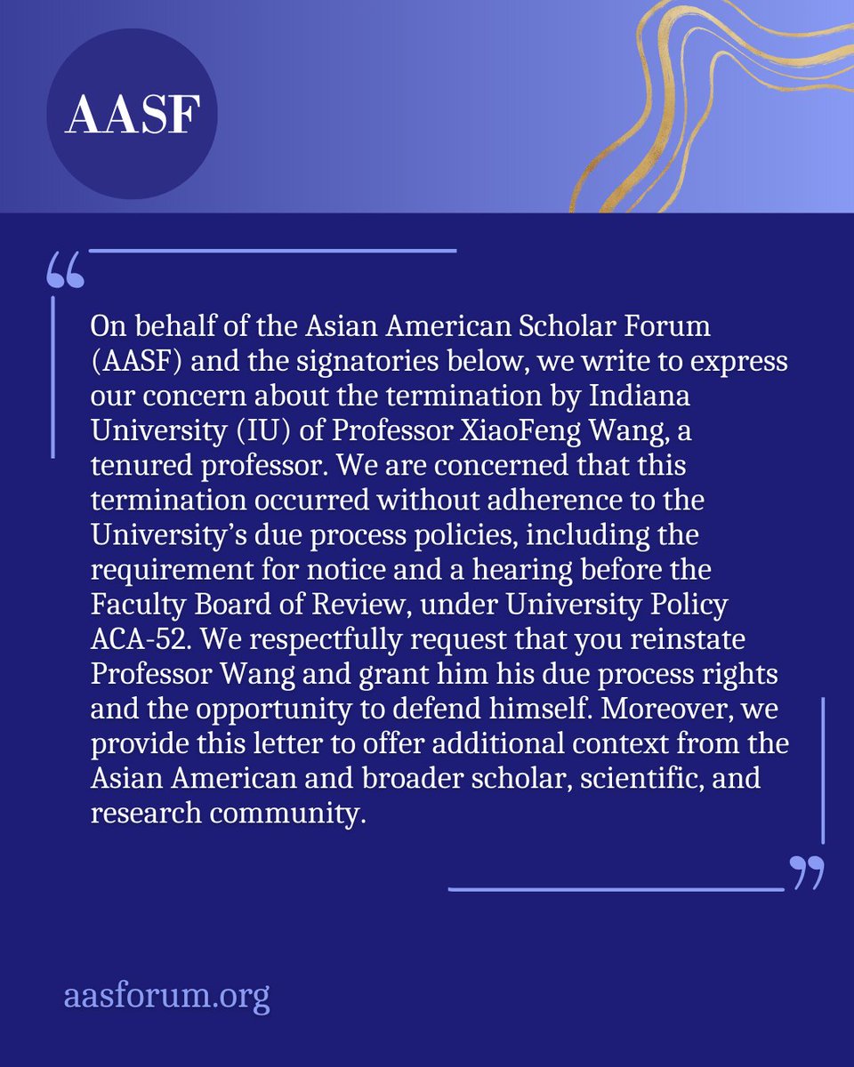 Urgent - We request Wang’s reinstatement &amp; ask that IU grant him his due process rights &amp; chance to defend himself. The letter also provides critical insights into the allegations &amp; impact on the research community. Add your signature by 8 pm ET on 4/14:  aasforum.org/2025/04/11/asi…