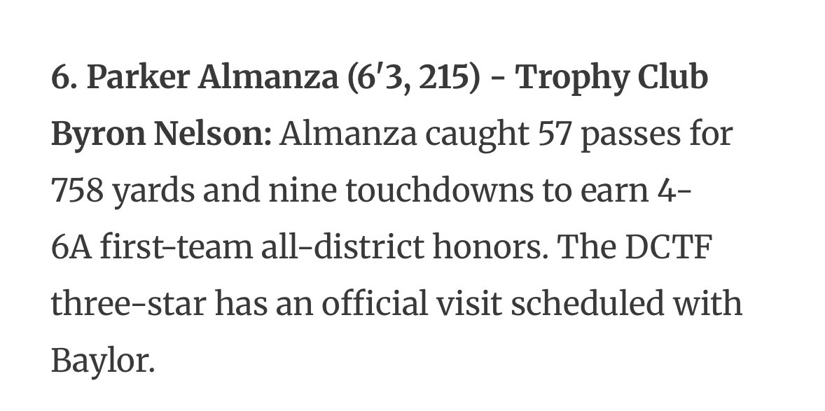 Parker Almanza - TE 6’3” 225lbs CO26 (@parkeralmanza5) on Twitter photo Thank you <a href="/dctf/">Dave Campbell's — TexasFootball.com</a> for ranking me a 3 star and the 6th best Tight End prospect in Texas!
@BNHSFOOTBALL09 <a href="/coachwoodward/">Zach Woodward</a> <a href="/craig__owen/">craig owen</a> <a href="/mRcoAchMoss86/">Coach Moss</a> <a href="/coachcilumba/">Wallstreet Athletes /WSA BIGS /Wall Street 7v7</a> Thank you <a href="/dctf/">Dave Campbell's — TexasFootball.com</a> for ranking me a 3 star and the 6th best Tight End prospect in Texas!
@BNHSFOOTBALL09 <a href="/coachwoodward/">Zach Woodward</a> <a href="/craig__owen/">craig owen</a> <a href="/mRcoAchMoss86/">Coach Moss</a> <a href="/coachcilumba/">Wallstreet Athletes /WSA BIGS /Wall Street 7v7</a>