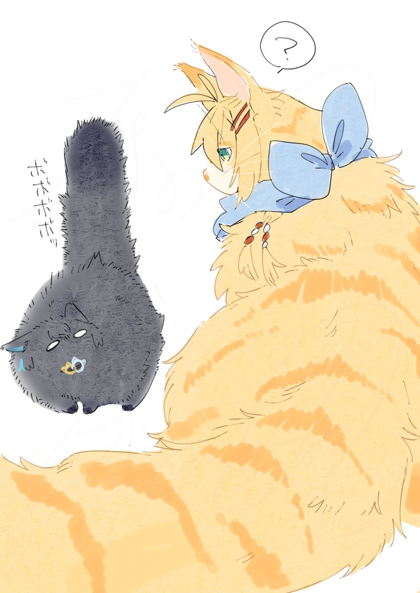 「にゃーまいとチェビマキにゃんこの対面モフマキちゃんのしっぽがどんどんおっきくなっ」|床の間Q◆引っ越し作業中のイラスト
