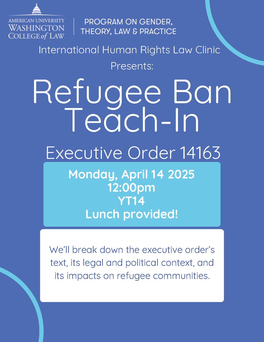 📢 Join the International Human Rights Law Clinic and the Program on Gender, Theory, Law &amp; Practice (GTLP) for a Teach-In on Executive Order 14163 and its impact on refugee communities.

🗓️ Monday, April 14
🕛 12:00 PM
📍 YT14
Come learn, discuss, and stand in solidarity.