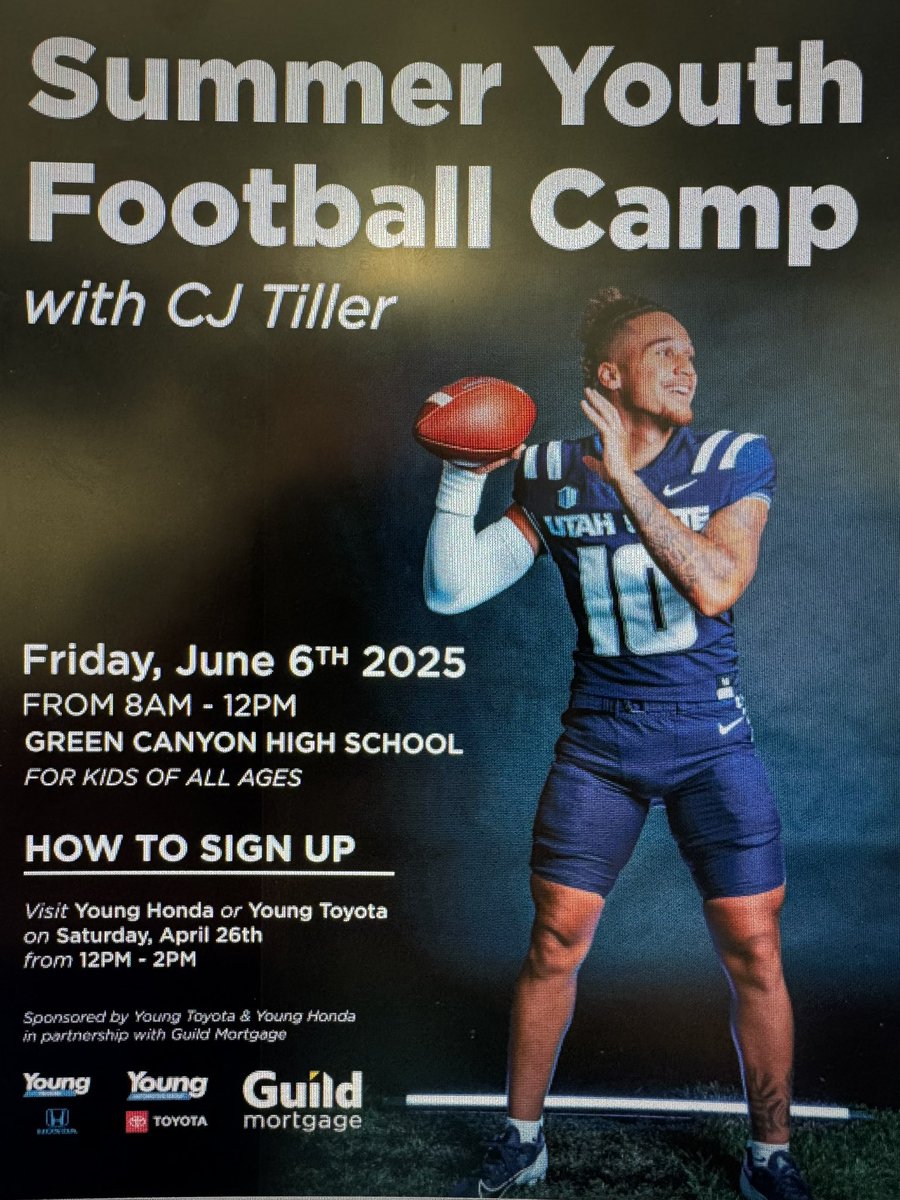 TheAggship's tweet photo. Was asked to help spread the word on this: Utah State’s CJ Tiller and several teammates have an all ages summer youth football camp scheduled for Friday, June 6th at Green Canyon High School. Event is $150 and includes t-shirts, lunch, drinks and a bag. Sign up available as detailed on the graphic, as well as through CJ’s Venmo, cj-tiller-1, just include the athlete’s first and last name, shirt size and a good email address for updates