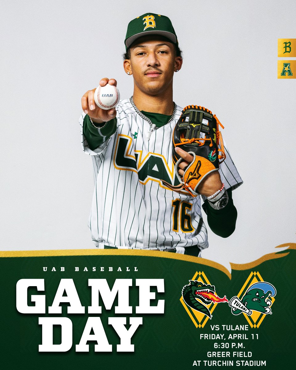 UAB_Baseball's tweet image. Friday night in New Orleans!

🆚 Tulane
⏰ 6:30 p.m.
📍 Greer Field at Turchin Stadium
📊 bit.ly/4j8KvlQ
📺 bit.ly/3EcPFOt

#WinAsOne