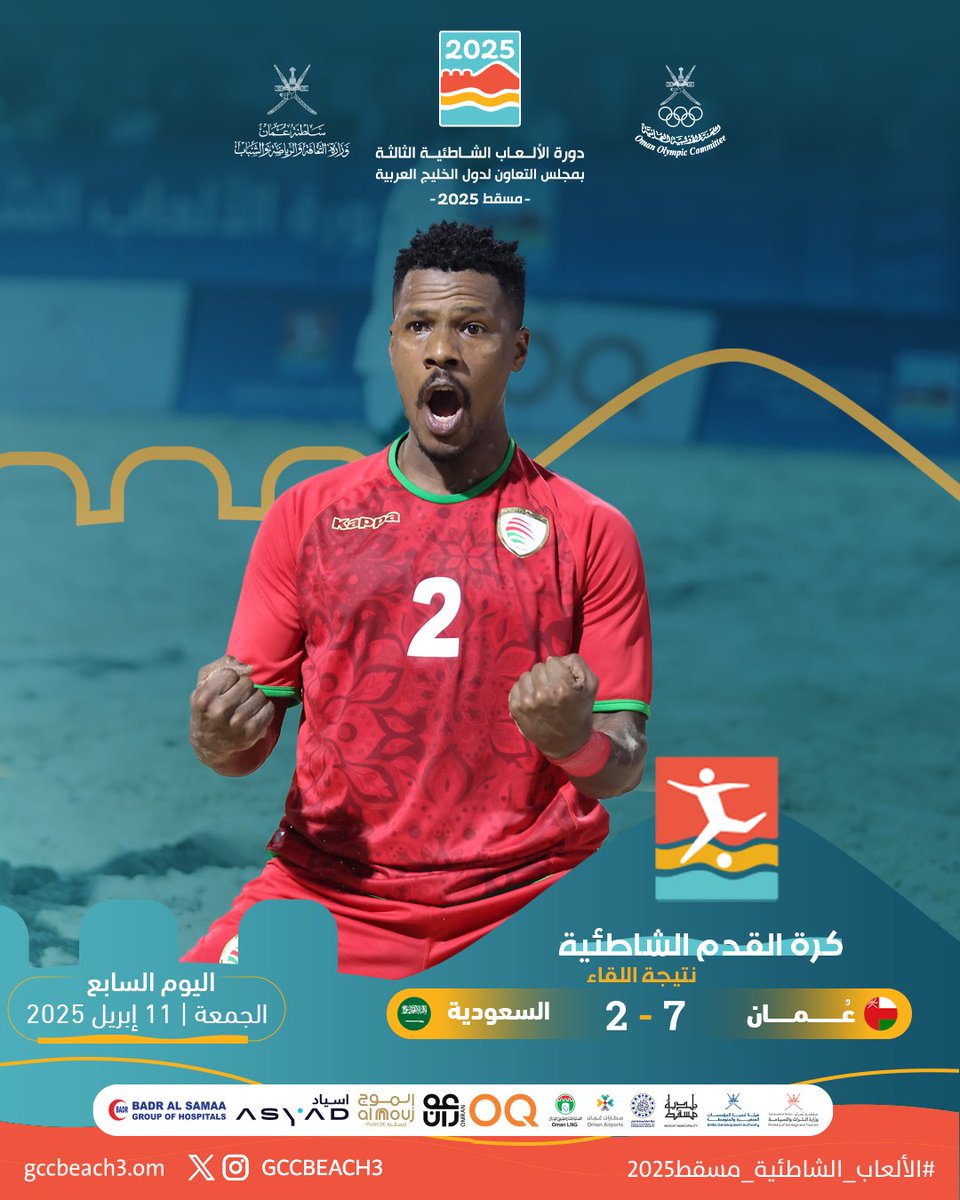 GccBeach3's tweet photo. #كرة_القدم_الشاطئية
نتيجة مباراة | 

⚽️ عمان 7 - 2 السعودية 

#ال��لعاب_الشاطئية_مسقط2025 https://t.co/sg2ALCqIWF