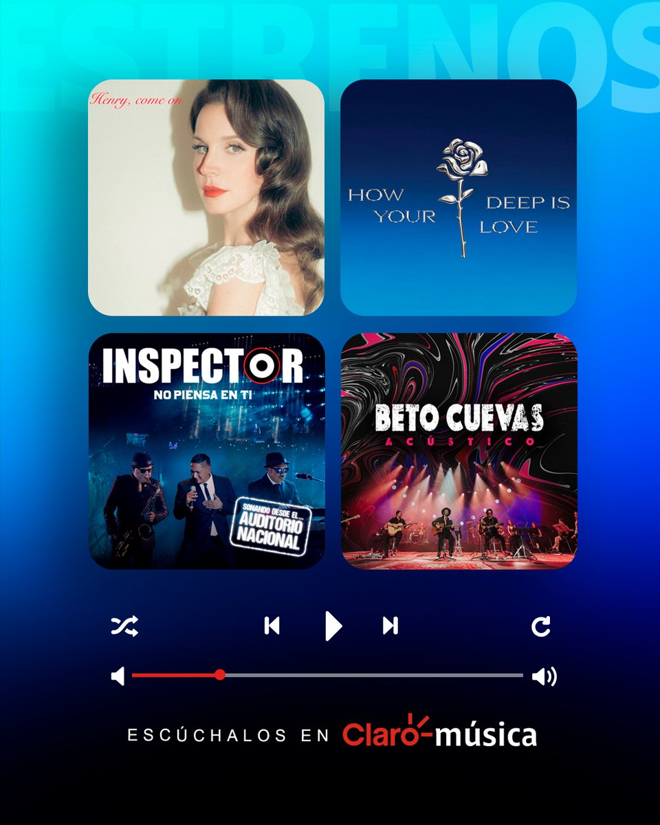 ClaromusicaMX's tweet image. ✨¡Aquí están los estrenos más rifados de #Claromúsica! 🎶 

Henry, come on - #LanaDelRey: bit.ly/4ig90vT
How Deep is -your Love - @PrinceRoyce: bit.ly/3RcPsO4
No Piensa en ti (en vivo) - #Inspector: bit.ly/4jyU8dr
Acústico - @iambetocuevas: