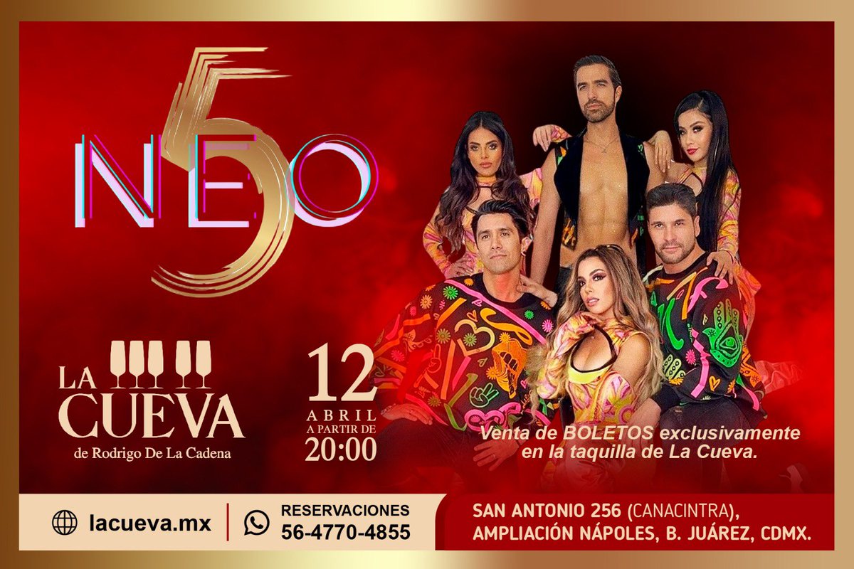 Gana un pase doble para ver mañana a Neo 5, la mejor #coverband que canta y baila con músicos en vivo los éxitos del ayer, a partir de las 20:00 hrs. en La Cueva de Rodrigo de la Cadena. Lo único que debes hacer es dar RT y me gusta a esta publicación y enviar tu nombre completo.