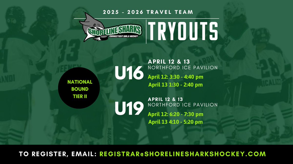 U16 and U19 Tier II tryouts start tomorrow in Northford. Go Sharks!

#ctshorelinesharks #hockey #girlshockey #cthockey