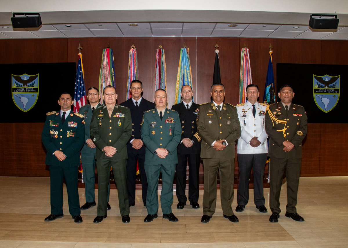 Southcom's tweet photo. The Partner Nations Liaison Officers to #SOUTHCOM facilitate the planning & execution of various training & advisory programs to enhance the capabilities of their respective Armed Forces. Represented by #Argentina, #Brazil, #Chile, #Colombia, #Ecuador, #Panama, #Paraguay, & #Peru, they contribute to strengthening U.S. alliances with South & Central America & the Caribbean. This fosters mutual trust in security & defense which aims to promote regional peace & stability. Together & united we are stronger! #StrengtheningPartnerships