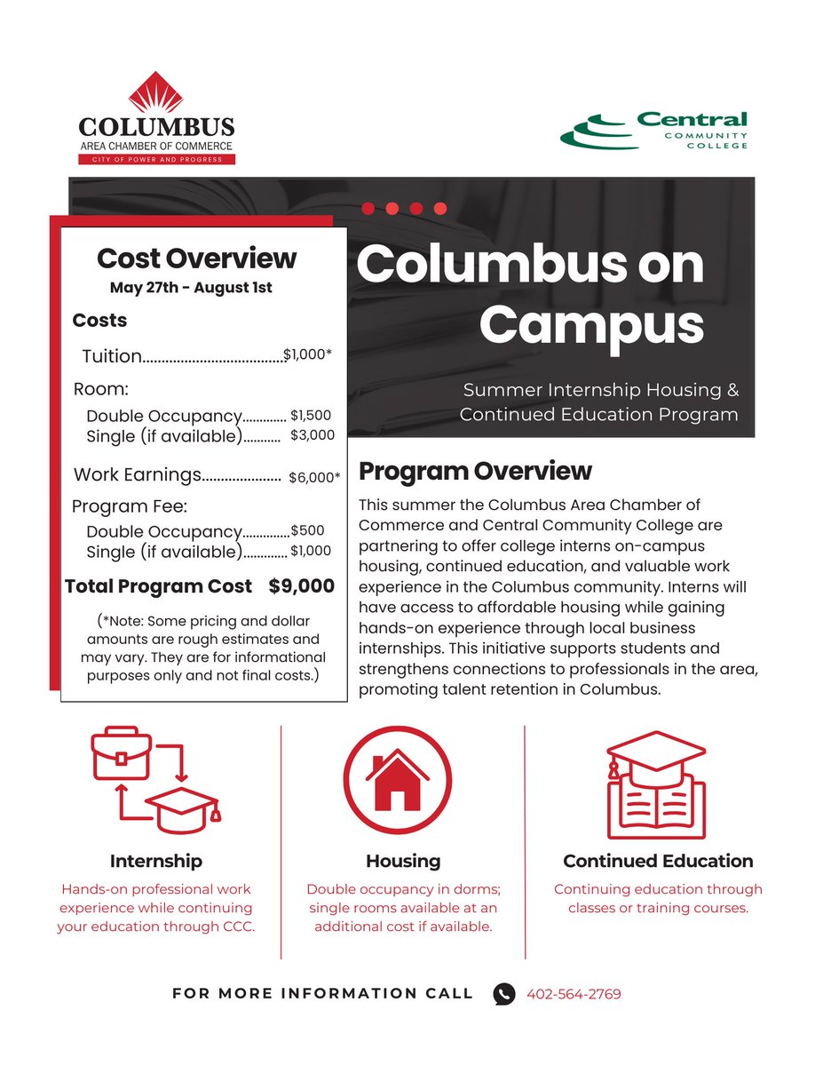 New Program Launch: Columbus on Campus!
We’re excited to officially launch this new summer internship housing program in partnership with Central Community College.
📲 Apply now: forms.office.com/r/88tzzTz6vM
Questions? Contact Haley or Rylee at the Chamber!