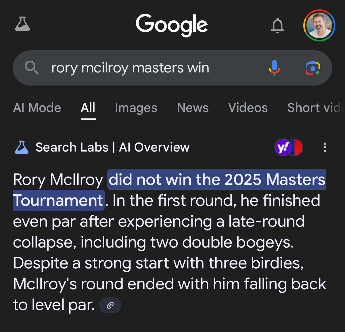 ShaneEubanks's tweet photo. Will Rory McIlroy win The Masters?  

Either Google can predict the future or you can’t always trust AI Overviews. 😏 https://t.co/XJq4rS7OPo