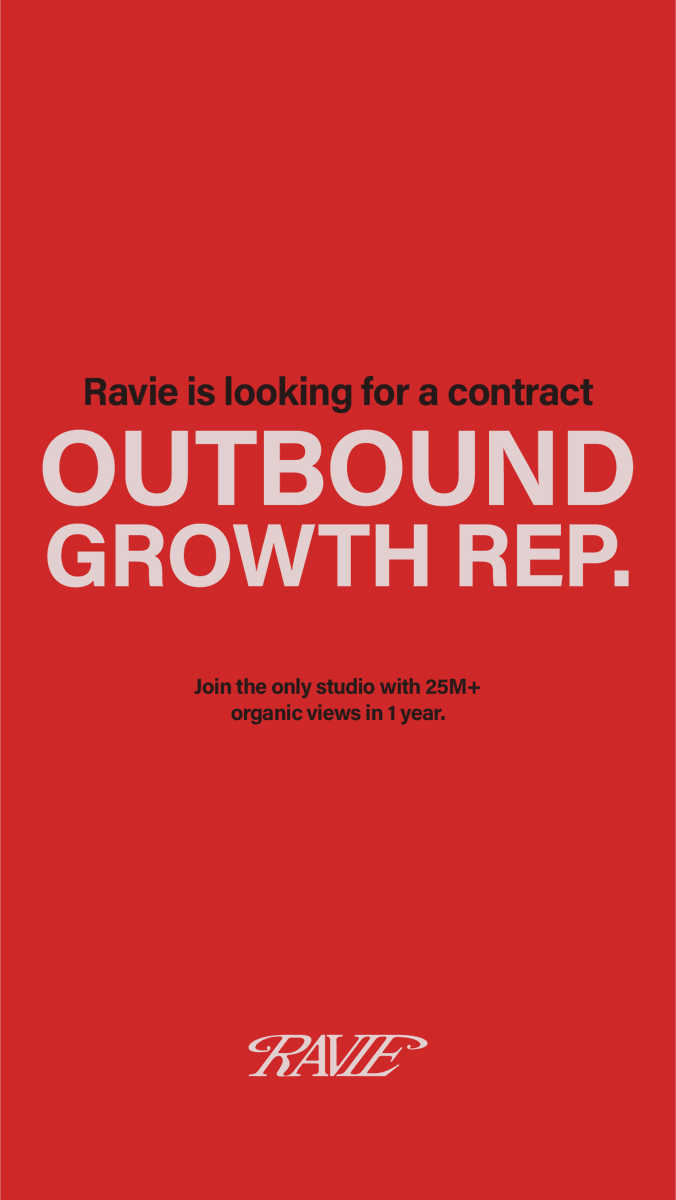 The listings just keep on coming for <a href="/ravie_co/">Ravie</a> ! We are looking for a Contract Outbound Growth Rep. Join the only motion design studio with 25M+ organic views last year.

More details here: bit.ly/RavieOutbound