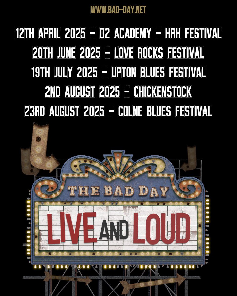 THE BAD DAY (@badday_official) on Twitter photo Here we go, live and loud tour is exclusively limited to specially selected dates this year. We very much hope to see you all soon TBD 🫶 <a href="/loverocksfest/">Loverocks - Rock Festival</a> <a href="/hardrockhell/">HRH X</a> <a href="/chickenstockuk/">Chickenstock Festival</a> <a href="/ColneBlues/">Great British Rhythm & Blues Festival</a> <a href="/uptonblues/">Upton Blues Festival</a> Here we go, live and loud tour is exclusively limited to specially selected dates this year. We very much hope to see you all soon TBD 🫶 <a href="/loverocksfest/">Loverocks - Rock Festival</a> <a href="/hardrockhell/">HRH X</a> <a href="/chickenstockuk/">Chickenstock Festival</a> <a href="/ColneBlues/">Great British Rhythm & Blues Festival</a> <a href="/uptonblues/">Upton Blues Festival</a>
