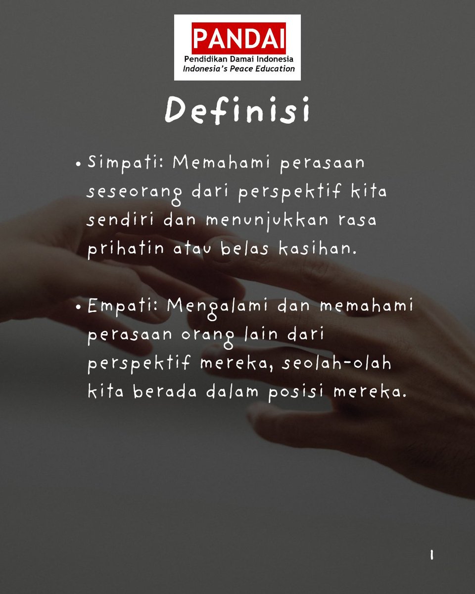 PandaiIndonesia's tweet image. Yuk, belajar bareng perbedaan empati dan simpati. Ternyata empati itu tidak selalu lebih baik daripada simpati karena kita semua punya kestabilan diri yang berbeda-beda setiap waktu, situasi, dan kondisi.

#empati #simpati #pendidikanperdamaian #kedamaiandiri 

🤍🌼🤍🌼🤍🌼🤍🌼
