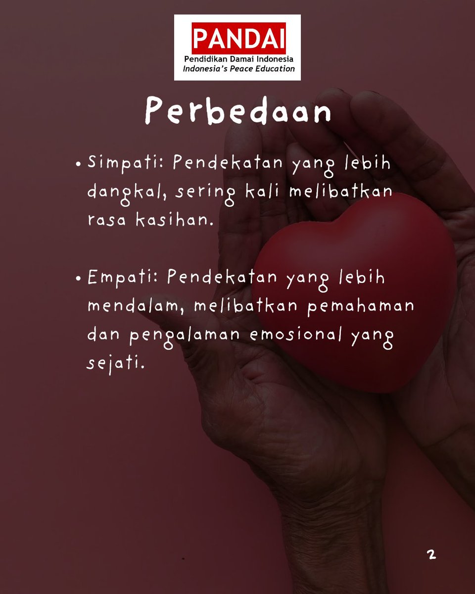 PandaiIndonesia's tweet image. Yuk, belajar bareng perbedaan empati dan simpati. Ternyata empati itu tidak selalu lebih baik daripada simpati karena kita semua punya kestabilan diri yang berbeda-beda setiap waktu, situasi, dan kondisi.

#empati #simpati #pendidikanperdamaian #kedamaiandiri 

🤍🌼🤍🌼🤍🌼🤍🌼