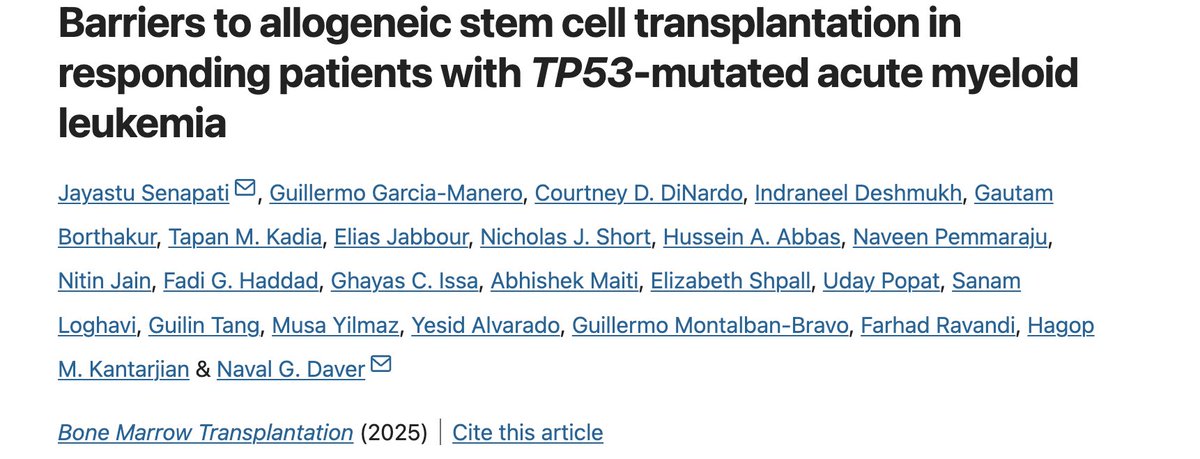 Jayastu Senapati (@jayastumd) on Twitter photo ➡️ How often are we able to transplant responding patients with TP53-mut AML?
➡️ We tried to understand outcomes and barriers to HSCT in responding patients <70 y/o with TP53-mut AML ✅ just published in <a href="/BMTjournal/">Bone Marrow Transplantation</a> 📄nature.com/articles/s4140…
➡️ Novel regimens which garner ➡️ How often are we able to transplant responding patients with TP53-mut AML?
➡️ We tried to understand outcomes and barriers to HSCT in responding patients <70 y/o with TP53-mut AML ✅ just published in <a href="/BMTjournal/">Bone Marrow Transplantation</a> 📄nature.com/articles/s4140…
➡️ Novel regimens which garner