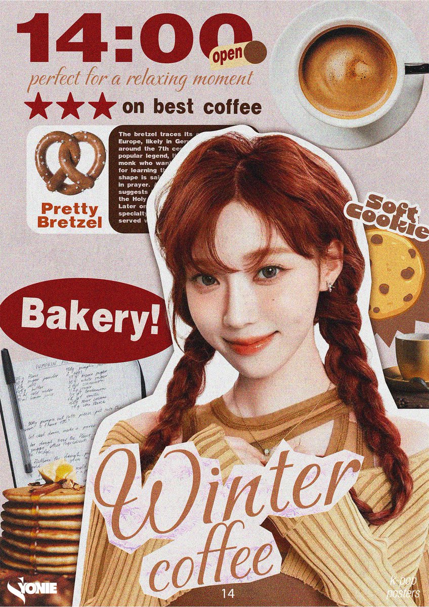 Syonie_'s tweet photo. Jour 5 du  « 1 jour, 1 Design ! » ✨...

- Aujourd'hui nous nous retrouvons pour un poster sur le thème du "Coffee shop" avec Winter de (@aespa_official ). J'ai repris les couleurs de photo original de Winter, donc des tons beige, marrons, roux, rouge. 

- Temps : 2h15 ⌛ https://t.co/8BP0IWvvma