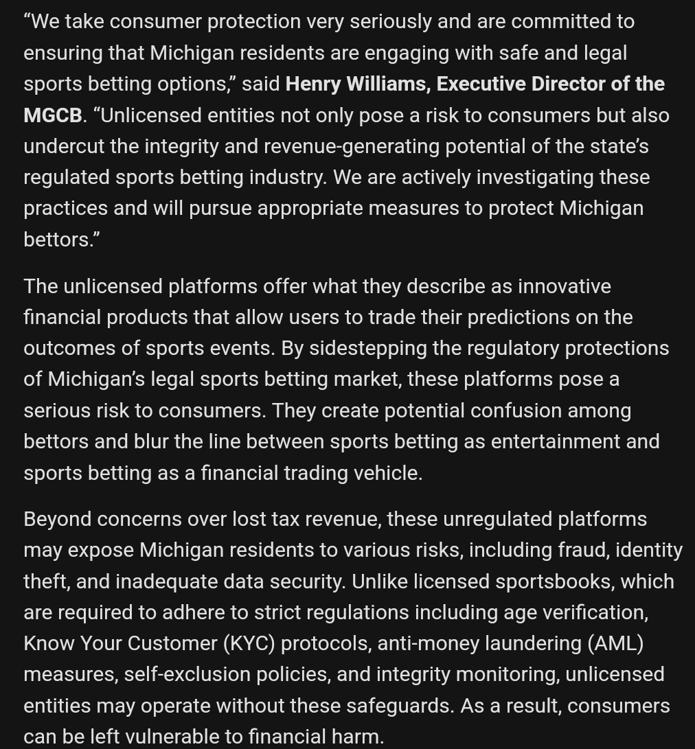 BREAKING: Michigan Gaming Control Board begins investigation into "unlicensed sports prediction markets."