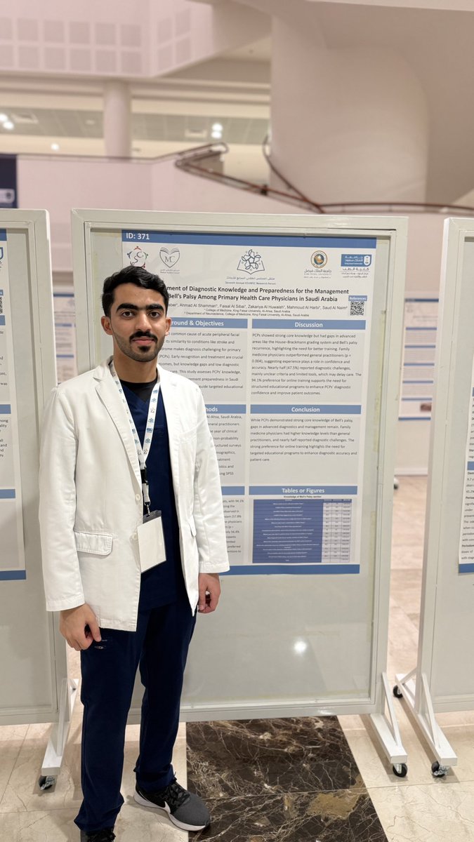 I was honored to present our research paper titled “Assessment of Diagnostic Knowledge and Preparedness for the Management of Bell's Palsy Among Primary Health Care Physicians in Saudi Arabia” in King Saud University Medical Research Conference