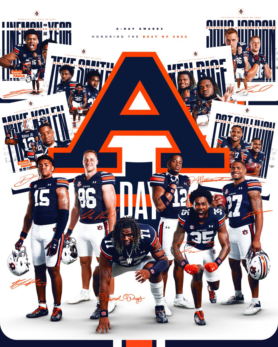 Auburn Football (@auburnfootball) on Twitter photo 𝐀-𝐃𝐚𝐲 𝐀𝐰𝐚𝐫𝐝𝐬 🦅
Join us tomorrow in Jordan-Hare as we honor 6️⃣ Tigers for their outstanding play during the 2024 season!
🏆 <a href="/FaulkKeldric/">keldric faulk</a>
🏆 <a href="/lukedeal86/">Luke Deal</a>
🏆 <a href="/thatjeremiah771/">Jeremiah Wright</a>
🏆 <a href="/DorianMausi/">Mäusi🌐</a>
🏆 <a href="/_JayRashaan/">Jalen Mcleod</a>
🏆 <a href="/JArquez27/">Jarquez hunter</a> 𝐀-𝐃𝐚𝐲 𝐀𝐰𝐚𝐫𝐝𝐬 🦅
Join us tomorrow in Jordan-Hare as we honor 6️⃣ Tigers for their outstanding play during the 2024 season!
🏆 <a href="/FaulkKeldric/">keldric faulk</a>
🏆 <a href="/lukedeal86/">Luke Deal</a>
🏆 <a href="/thatjeremiah771/">Jeremiah Wright</a>
🏆 <a href="/DorianMausi/">Mäusi🌐</a>
🏆 <a href="/_JayRashaan/">Jalen Mcleod</a>
🏆 <a href="/JArquez27/">Jarquez hunter</a>