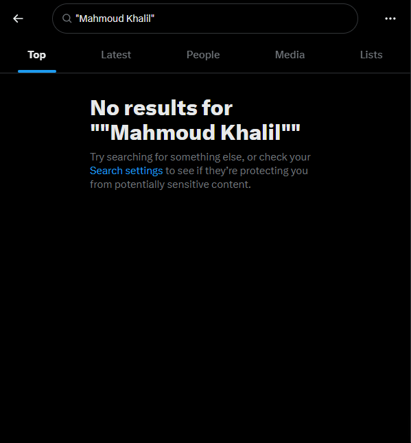 tf3demo2004's tweet photo. it's truly a mystery on why mr "free speech" elon would censor searches for "Mahmoud Khalil" https://t.co/YkJcYsykxk