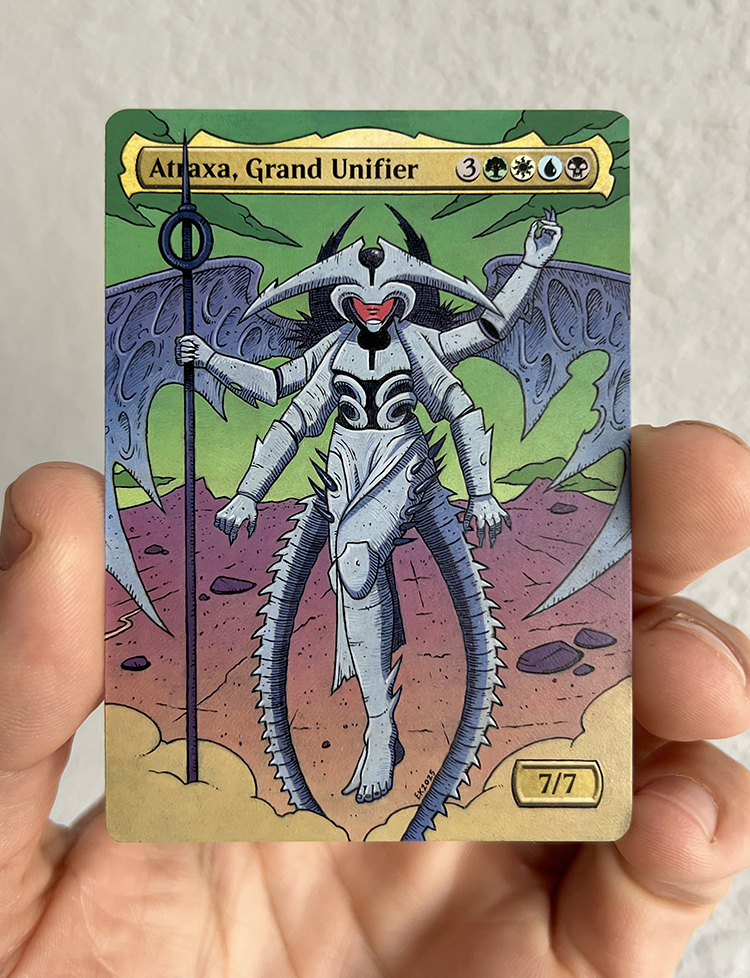 Two things I've wanted to do for a while. Work on an Atraxa and paint something in the style of French illustrator Jean Giraud. Two birds.