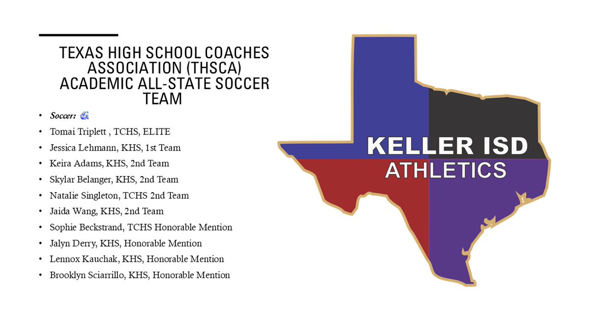 Keller ISD Athletics (@kisdathletics) on Twitter photo The Texas High School Coaches Association has released their 2024-2025 Academic All-State Soccer Recipients. Congrats to <a href="/khgirls_soccer/">Keller Girls Soccer</a> and <a href="/TCHS_WSOCCER/">TCWS</a> <a href="/HRLugo13/">HR Lugo</a> <a href="/MrsSimmonsKHS/">Lisa Simmons</a> The Texas High School Coaches Association has released their 2024-2025 Academic All-State Soccer Recipients. Congrats to <a href="/khgirls_soccer/">Keller Girls Soccer</a> and <a href="/TCHS_WSOCCER/">TCWS</a> <a href="/HRLugo13/">HR Lugo</a> <a href="/MrsSimmonsKHS/">Lisa Simmons</a>