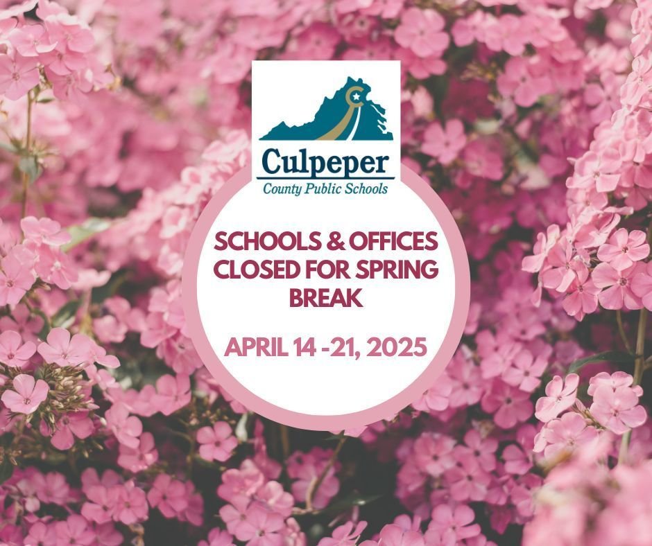 🌸 Spring Break Alert! 🌸
CCPS will be closed for Spring Break from April 14–21, 2025. This includes all schools and administrative offices. 
We hope our students, staff, and families enjoy a safe, relaxing, and fun-filled break! 

See you Tuesday, April 22, 2025!