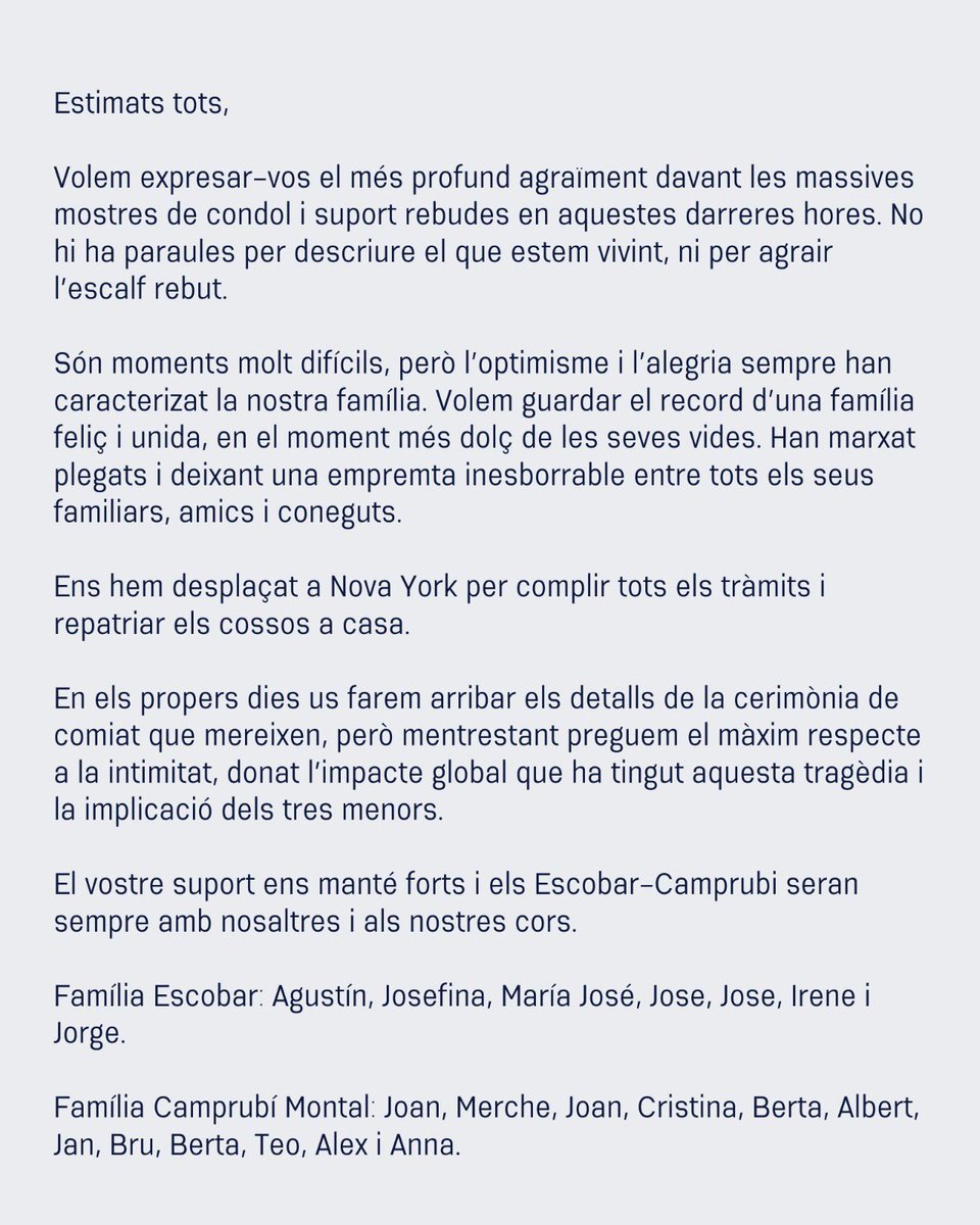 Agraïts del vostre suport que ens manté forts. Els Escobar-Camprubí seran sempre entre nosaltres, amb la seva alegria i vitalitat. Us estimem família ♥️ DEP